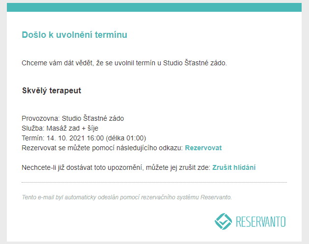 Ukázka e-mailového upozornění